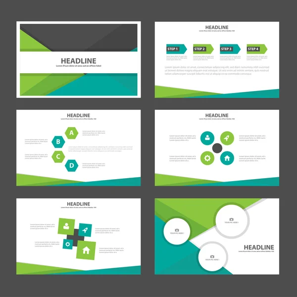 Yeşil ve siyah sunu şablonları Infographic öğeleri tasarım reklam pazarlama broşür el ilanı broşür için kümesi düz — Stok Vektör