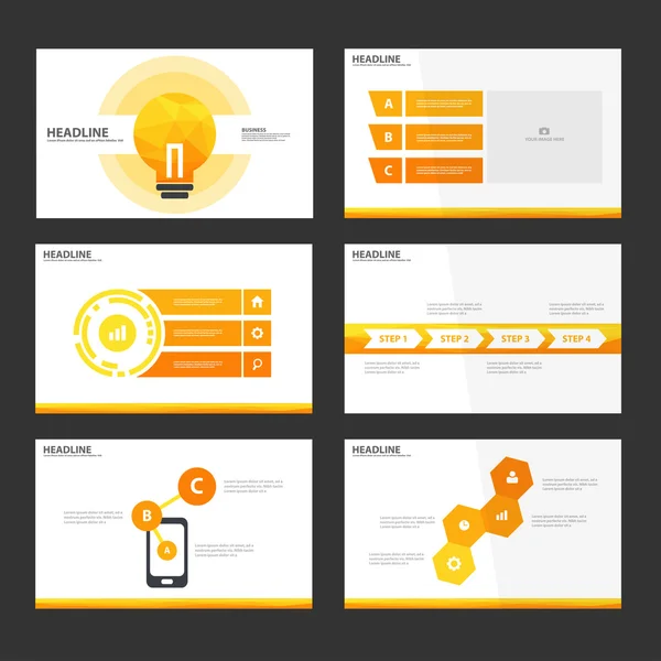 Modèles de présentation d'ampoule orange Eléments d'infographie set de design plat pour brochure dépliant publicité marketing — Image vectorielle