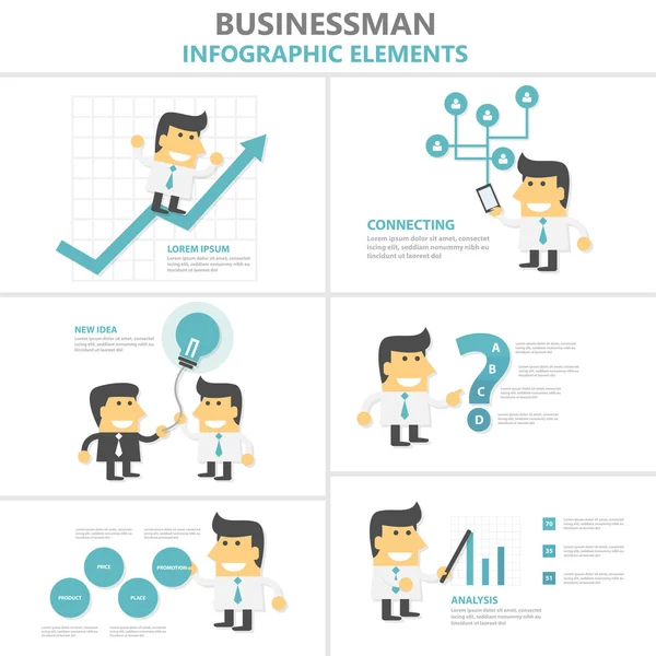 Hombre de negocios Elementos infográficos conjunto de diseño plano, hombre con bombilla, signo de interrogación, teléfono inteligente, vector de dibujos animados gráfico de stock — Vector de stock