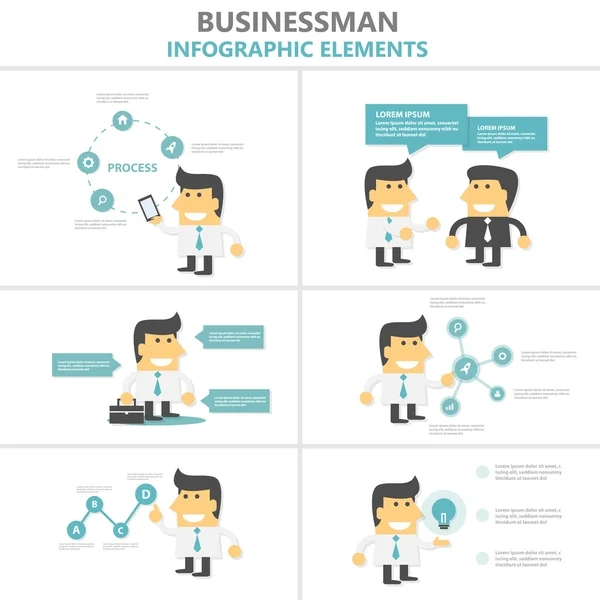 Empresário elementos infográficos conjunto de design plano, homem com smartphone, mala, tecnologia cartoon vector — Vetor de Stock