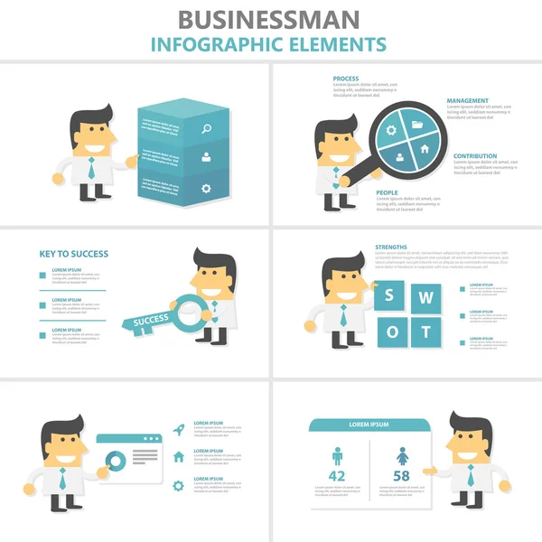 Empresário elementos infográficos vetor de design plano definido para publicidade de marketing, animada buinessman com lupa, chave para o sucesso, página web, caixa de infográfico — Vetor de Stock