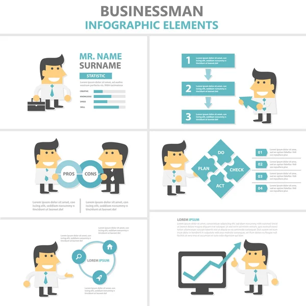 Бизнесмен Инфографические элементы плоский дизайн комплект для, человек с монитором, бизнесмен мультфильм с диаграммой для рекламного маркетинга — стоковый вектор