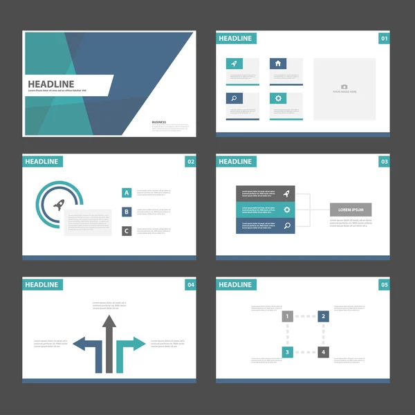 Plantillas de presentación verde azul Elementos infográficos Juego de diseño plano para folleto Folleto publicitario — Vector de stock