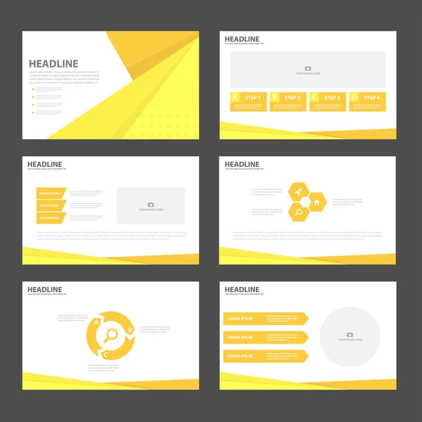 Modelli di presentazione giallo arancio Elementi infografici set di design piatto per brochure depliant marketing pubblicità — Vettoriale Stock