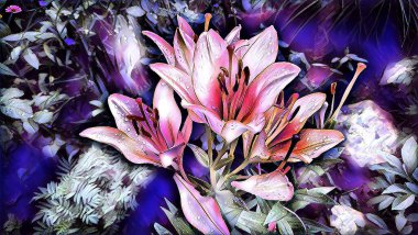 Bahçede yazın yağmur damlalarında pembe zambaklar.