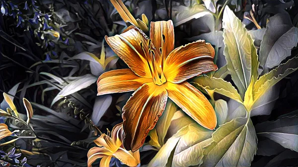 Turuncu zambaklar yağmur damlalarında Yazın bahçede