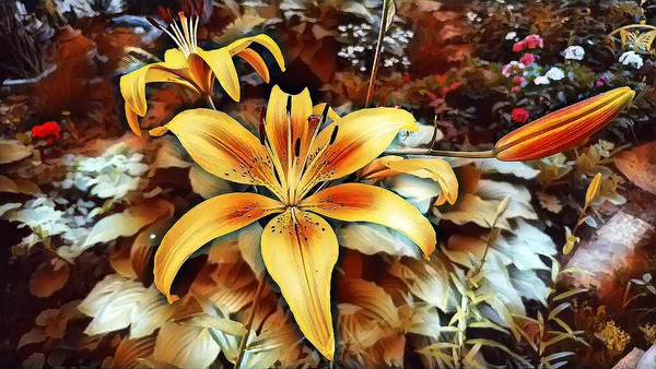 Sarı zambak bir yaz gecesinde bahçede