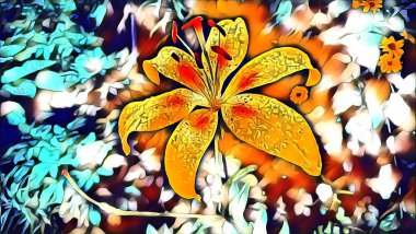 Sarı zambak çiçeği bir yaz sabahı bahçede yağmur damlalarında