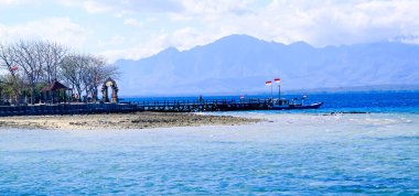 Dağın arka planında ve berrak gökyüzünde güzel bir kumsal manzarası.