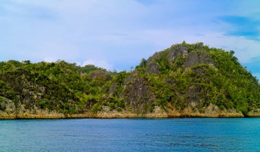 Endonezya, Batı Papua 'nın berrak gökyüzü arka planına sahip güzel ada ve deniz manzarası