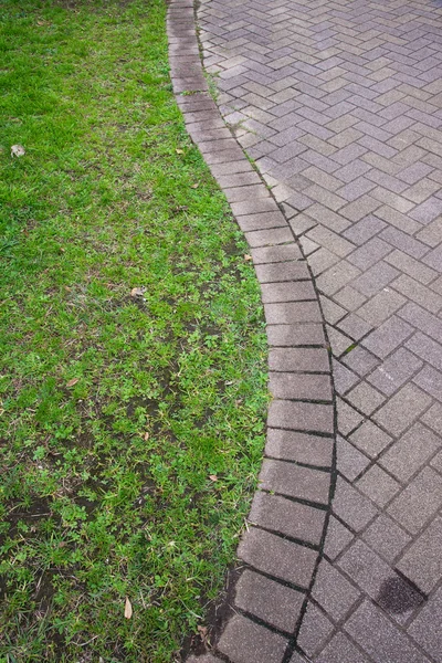 Tegel gångväg i trädgården med grönt gräs — Stockfoto
