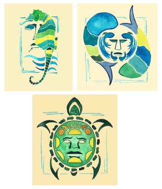 Totem deniz atı. Totem Turtle. Deniz totem. Deniz totem çizilmiş suluboya.
