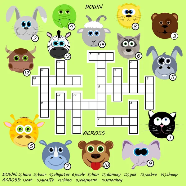 Kreuzworträtsel. Lernspiel für Kinder mit verschiedenen Tieren. — Stockvektor