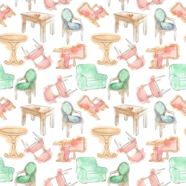 Muster mit Möbeln. Aquarell nahtloses Muster. Stühle und Tische. Möbel mit Aquarellflecken bemalt. Holzmöbel. Handzeichnung Aquarell. Skizzenset isolierte Möbel. — Stockfoto