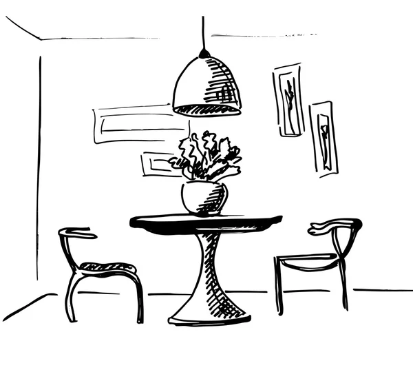 De schets van de kamer. Ontwerpen van een tafel en twee stoelen in de hoek van de kamer. — Stockvector