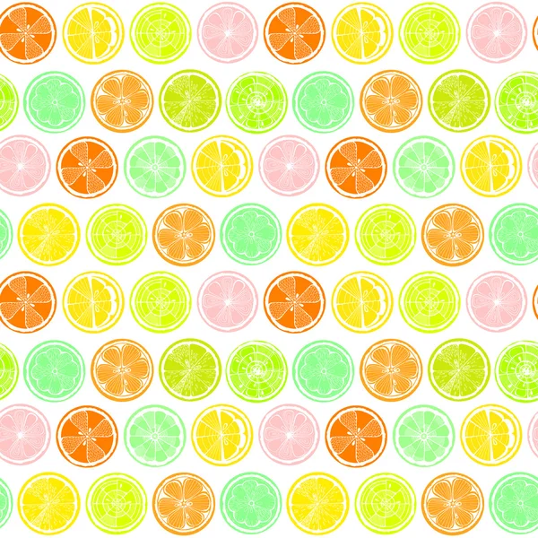 Seamless pattern with lemon, orange and grapefruit on white background. Hand-drawn citrus. Stylized graphics. — Stock Vector