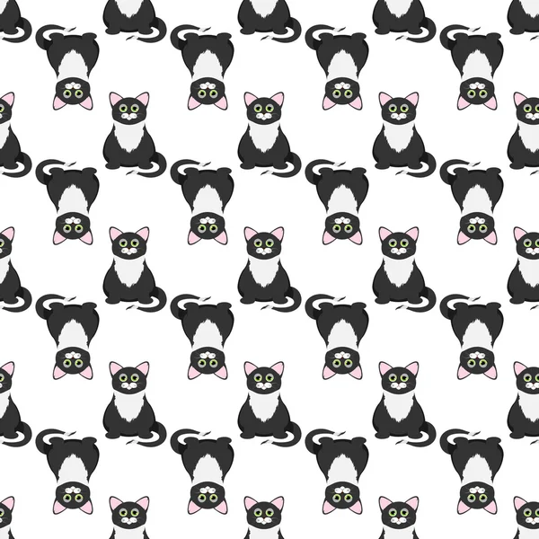 Modèle sans couture avec des chats dans le style de dessin animé. Chat noir isolé sur fond blanc . — Image vectorielle