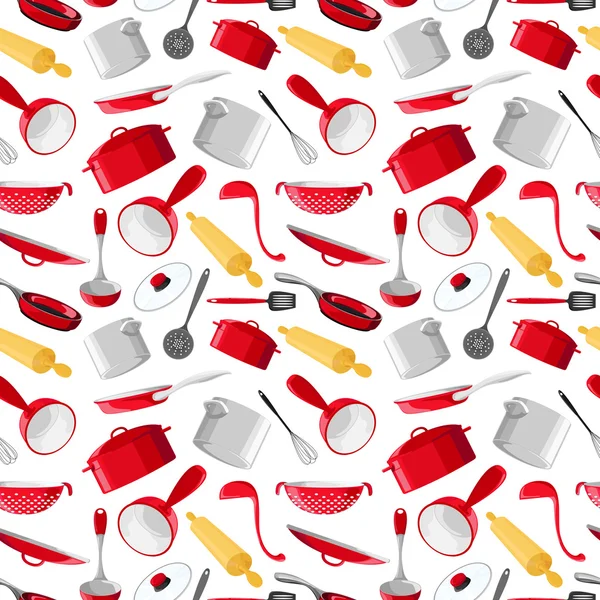Seamless mönster med redskap i en tecknad stil. Ljusa husgeråd. Uppsättning röda köksredskap isolerad på vit bakgrund. Vektor illustration. EPS-10 — Stock vektor