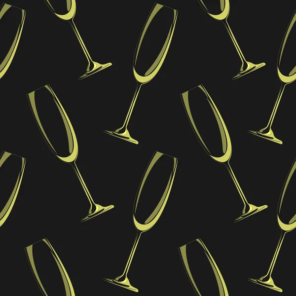 Seamless mönster. Gul champagneglas isolerad på svart bakgrund. EPS-10 — Stock vektor