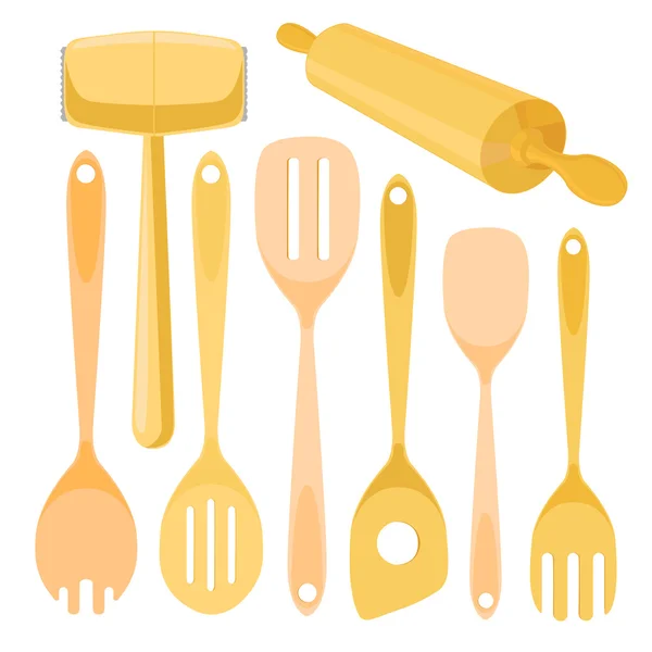 Utensilios de cocina de madera. Ilustración vectorial aislada sobre fondo blanco — Vector de stock