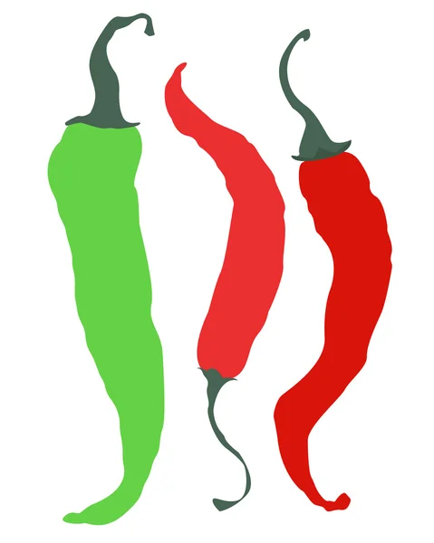 Három paprika és elszigetelt fehér background. Két piros paprikát, és egy zöld. — Stock Vector