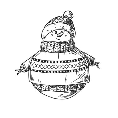 Beyaz arka planda kardan adam izole edildi. Çizim, el çizimi illüstrasyon