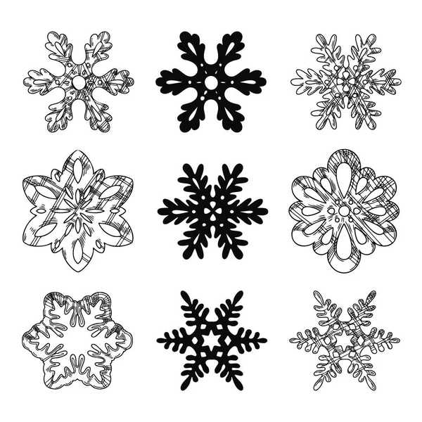 Set Different Snowflakes Isolated White Background Sketch Illustration Hand Drawn — Stock Vector