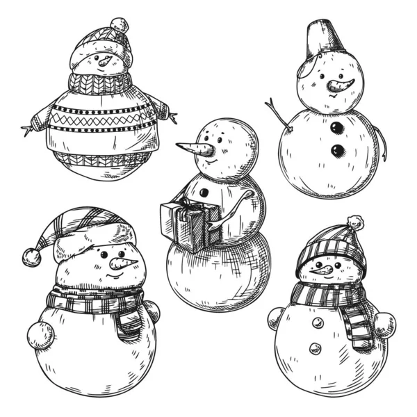 Sada Různých Sněhuláků Izolovaných Bílém Pozadí Skica Ručně Kreslená Ilustrace — Stockový vektor
