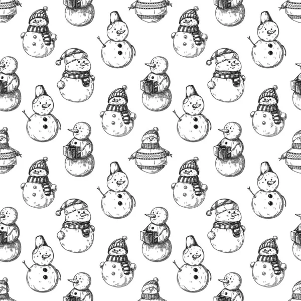 Kerst Naadloos Patroon Met Sneeuwpoppen Schets Vector — Stockvector