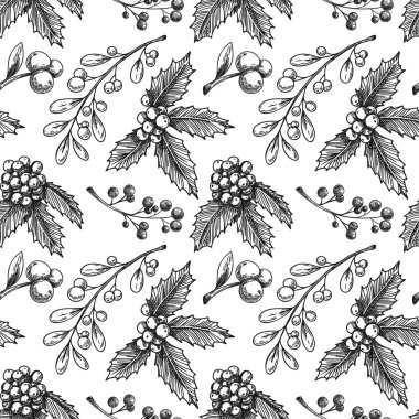 Bitkiyle kusursuz bir Noel deseni. Çizim, vektör