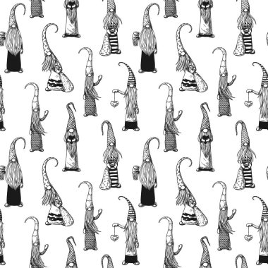 İskandinav Noel cüceleriyle kusursuz bir Noel deseni. Çizim, vektör