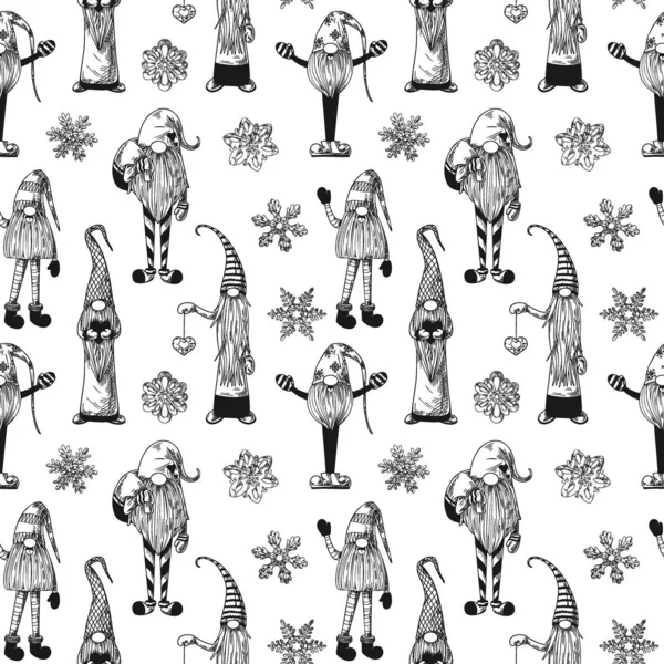 Pola Natal Mulus Dengan Gnome Natal Skandinavia Sketsa Vektor - Stok Vektor