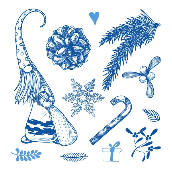 Set Navidad Diferentes Elementos Navideños Sobre Fondo Blanco Bosquejo Vector — Archivo Imágenes Vectoriales