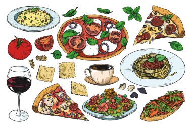 Farklı İtalyan yemekleri. Pizza, spagetti, risoto ve diğer popüler İtalyan yemekleri. Vektör illüstrasyonu