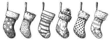 Bir çift Noel çorabı. Beyaz arka planda izole edilmiş farklı çoraplar. Çizim, vektör