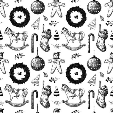 Kusursuz bir Noel deseni. Oyuncaklar, kardan adam, çelenk ve diğer Noel unsurları. Çizim vektörü
