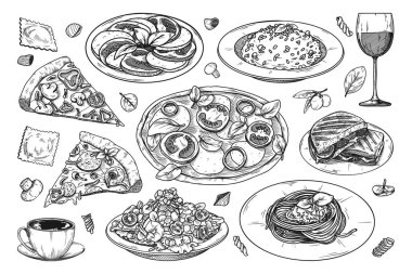 Farklı İtalyan yemekleri. Pizza, spagetti, risoto ve diğer popüler İtalyan yemekleri. Vektör illüstrasyonu