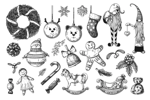 Velký Vánoční Set Hračky Sněhulák Věnec Další Vánoční Prvky Skicový — Stockový vektor
