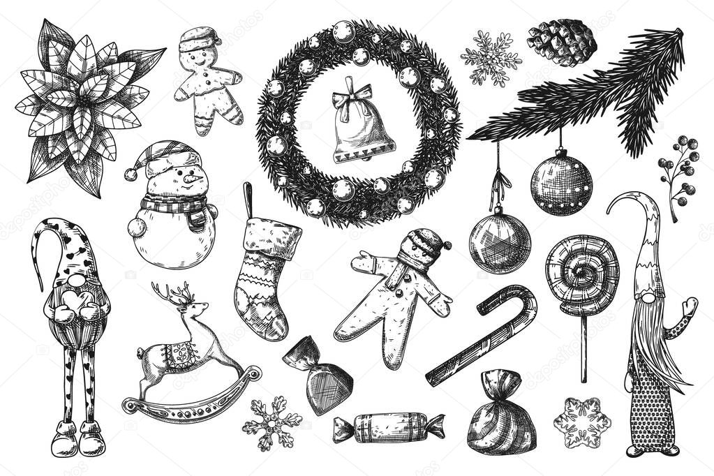 Big Christmas set. Toys, snowman, wreath and other Christmas elements. Sketch vector