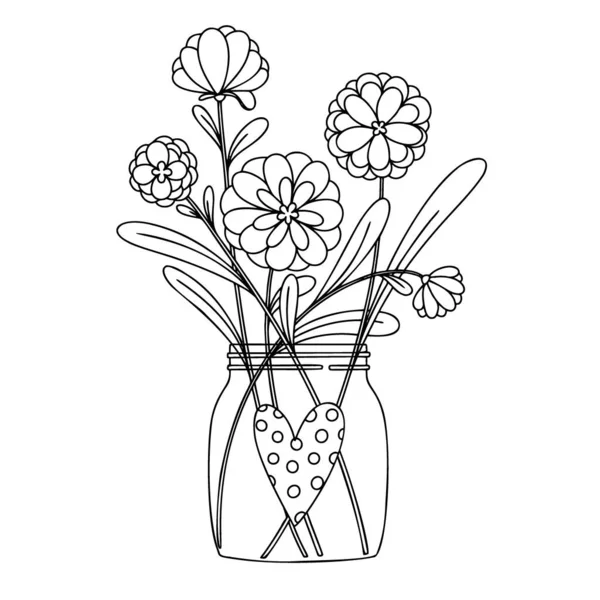 Blommor Glasburk Bukett Isolerad Vit Bakgrund Vektorillustration Skiss Stil — Stock vektor