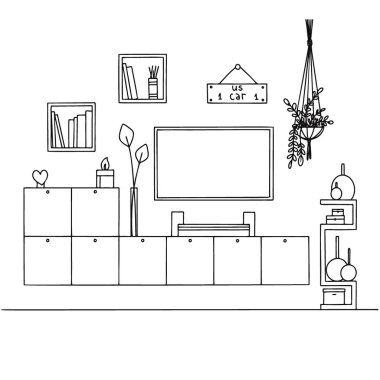 Bir televizyon odasının taslağı. Televizyon mobilyaları, diğer iç unsurlar. Vektör illüstrasyonu