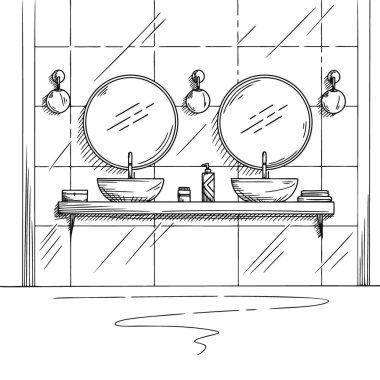 Banyo çizimi. İki lavabo, iki yuvarlak ayna ve diğer tasarım elementleri. Vektör illüstrasyonu