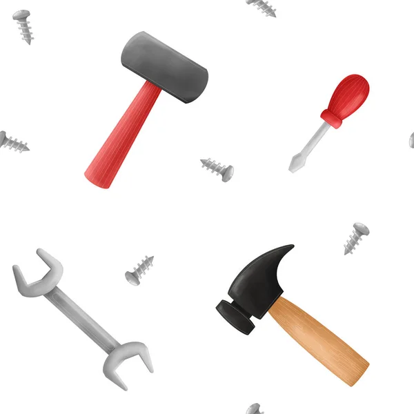 Seamless Pattern Different Tools Hammers Screws Screwdriver White Background — Stock Photo, Image