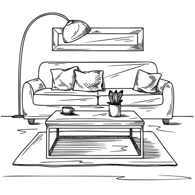 Oturma odası çizimi beyazın üzerine siyahla çizilmiş. İç taslak, kanepe, lamba ve diğer mobilyalar. Vektör illüstrasyonu