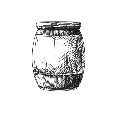 Ballı, reçelli kavanoz eskizi, beyaz arka planda izole edilmiş olarak duruyor. Vektör illüstrasyonu