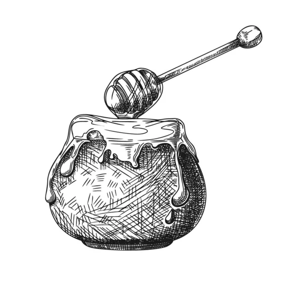 Croquis Une Casserole Coule Miel Illustration Vectorielle — Image vectorielle