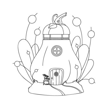 Harika bir balkabağı evi çizimi. Çizgi balkabağı cüce evi. Vektör çizimi. Çocuklar için boyama kitabı