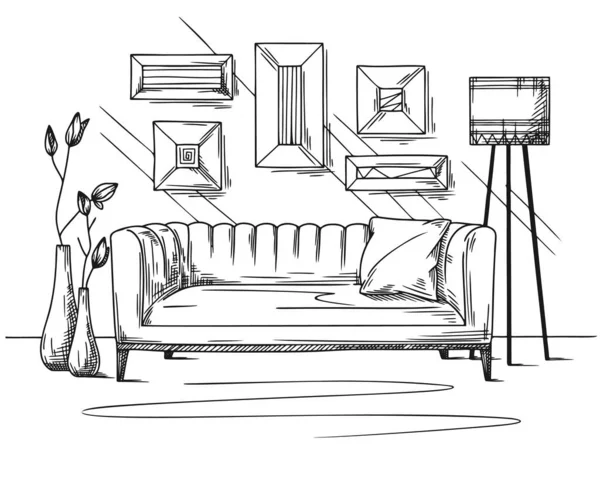 リビングルームのインテリアスケッチ ソファやレクリエーションエリアのための他の家具 ベクターイラスト — ストックベクタ