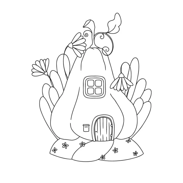 素晴らしいカボチャの家のスケッチ 漫画のカボチャのノームハウス ベクトルイラスト 子供向けぬり絵 — ストックベクタ