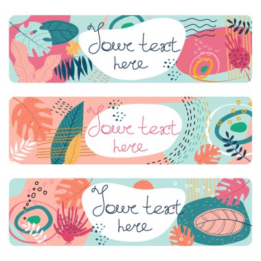 Tropik el çizimi deseni. Tropik orman yaprakları ve çeşitli şekiller. Soyut çağdaş model. Vektör içinde modern yama çizimi.